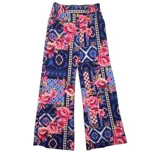 Lildy Floral Geometric Palazzo Pants Blue Pink Wide Leg Smocked Waist L-XL